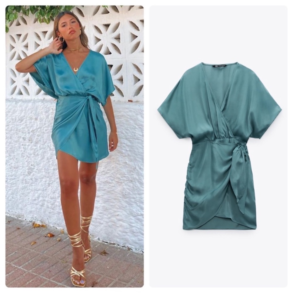 Zara Cocktail Dress Wrap Plunge Neckline Teal Blue Women’s Size Small